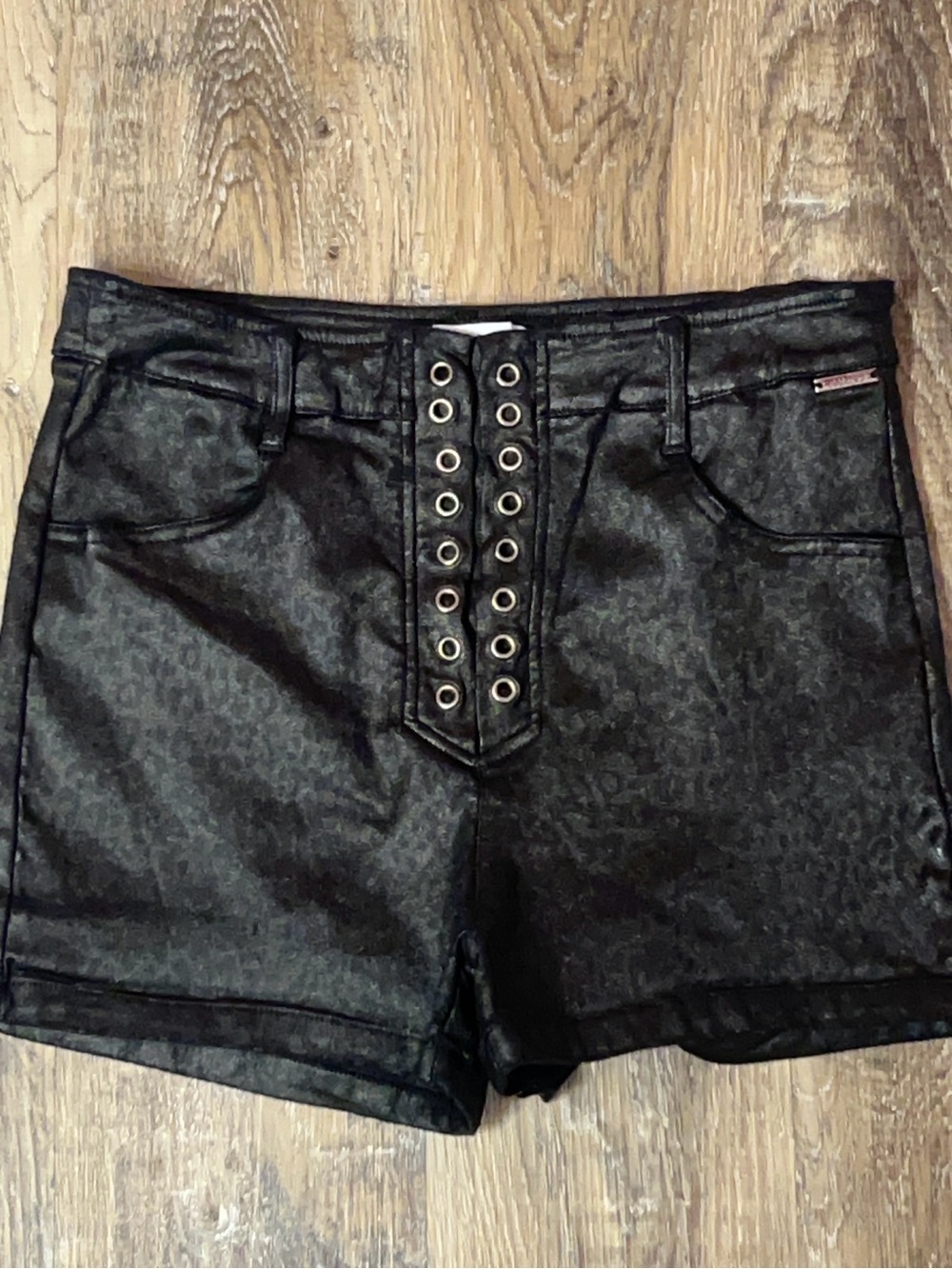 Amisu Black Lace-Up High-Rise faux leather shorts